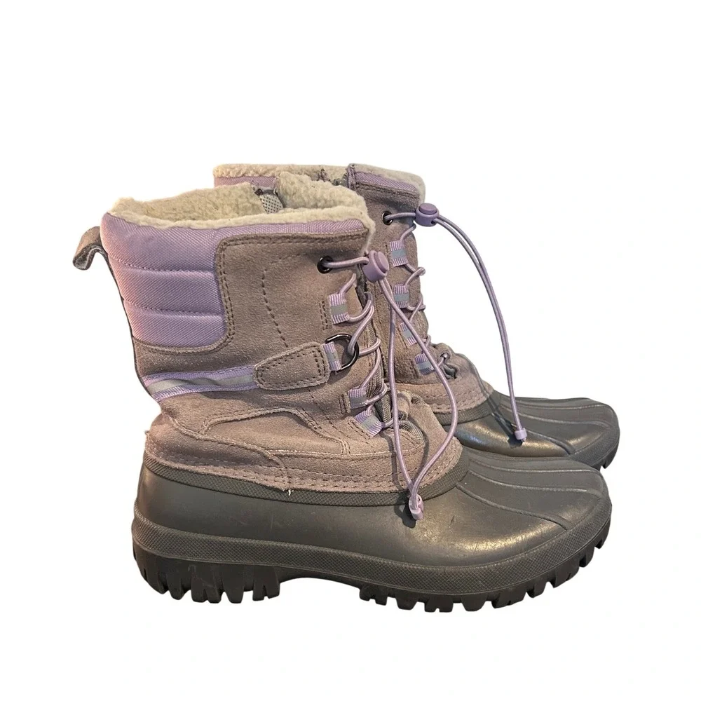 Lands End‎ Youth Snow Boots Gray Purple Waterproof Duck Boots Size 5M Gorpcore
